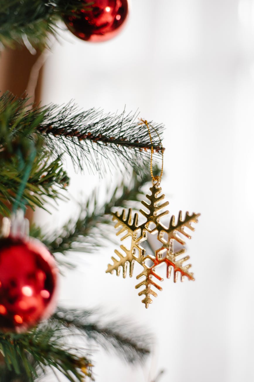 branches of christmas tree with decorations. Holiday Marketing. Georgefeola.io