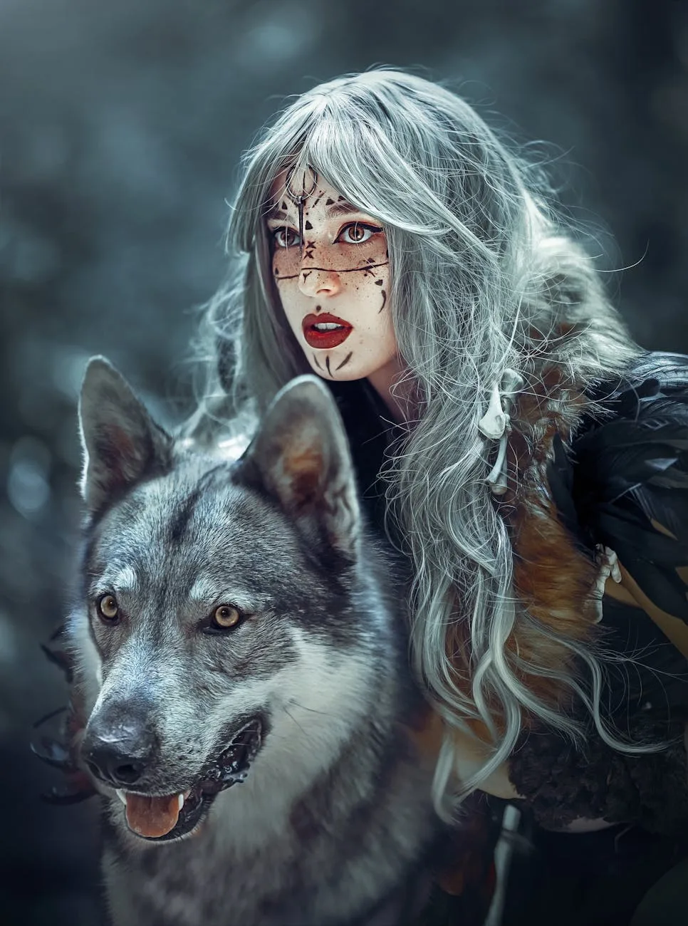 portrait of woman in face paint with her wolf