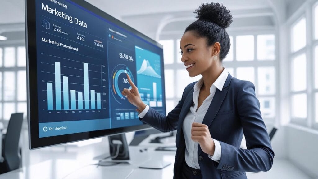 Marketing professional using AI-powered analytics dashboard to track business growth metrics, data visualization, and performance insights in a modern office.
