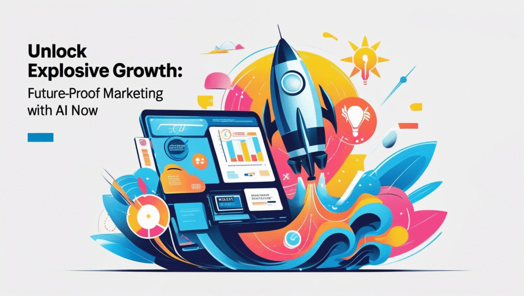 Illustration of a rocket launching beside a digital marketing dashboard with charts and analytics, symbolizing explosive business growth through AI‑powered marketing.