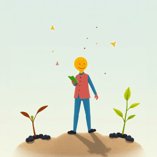 A cheerful, stylized character with a smiley face stands on a sandy surface holding a smartphone, surrounded by colorful butterflies, floating dots, and small plants at various stages of growth—symbolizing personal or business growth and optimism through technology.
