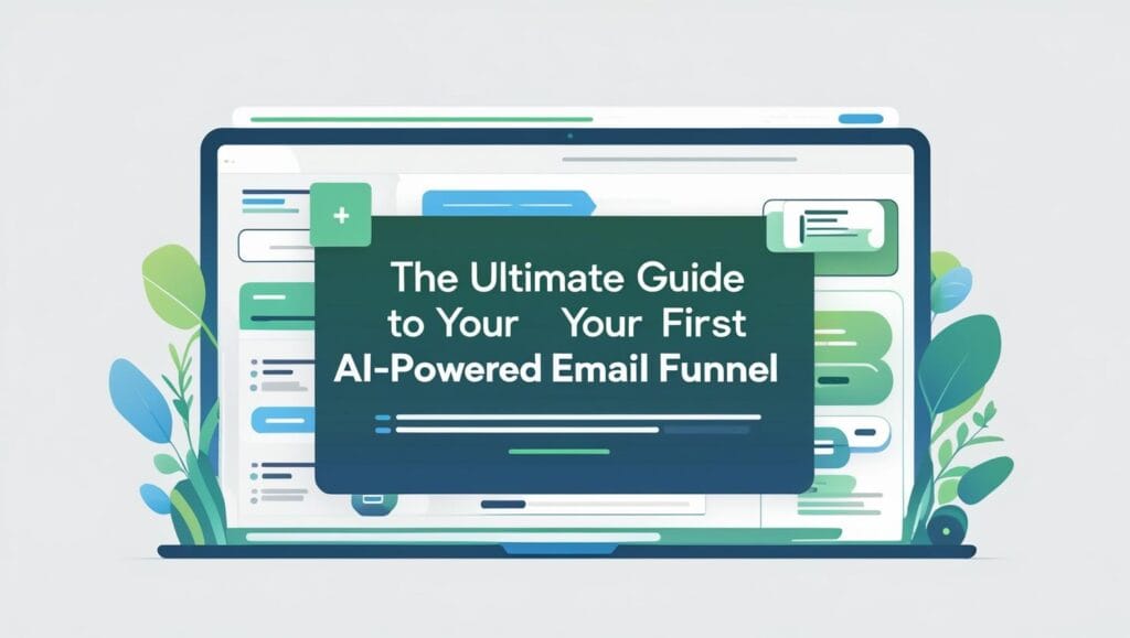 Illustration of a laptop screen with the headline ‘The Ultimate Guide to Your First AI-Powered Email Funnel,’ representing a step-by-step guide to building an AI email marketing funnel
