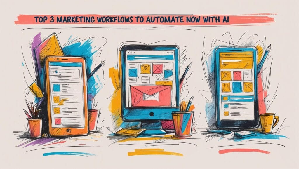 Illustration of digital devices showing automated email, content, and analytics workflows with AI, highlighting top 3 marketing workflows to automate.