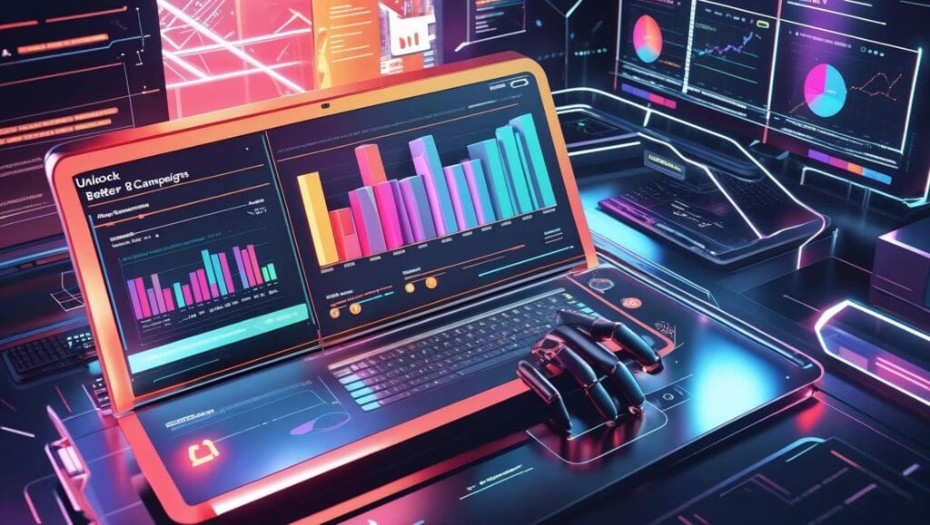 A futuristic workspace with neon lighting shows a sleek laptop and multiple monitors displaying colorful bar graphs, charts, and analytics dashboards. A robotic hand rests on the laptop’s touchpad, and the main screen reads “Unlock Better Campaigns,” symbolizing AI-driven predictive marketing insights.