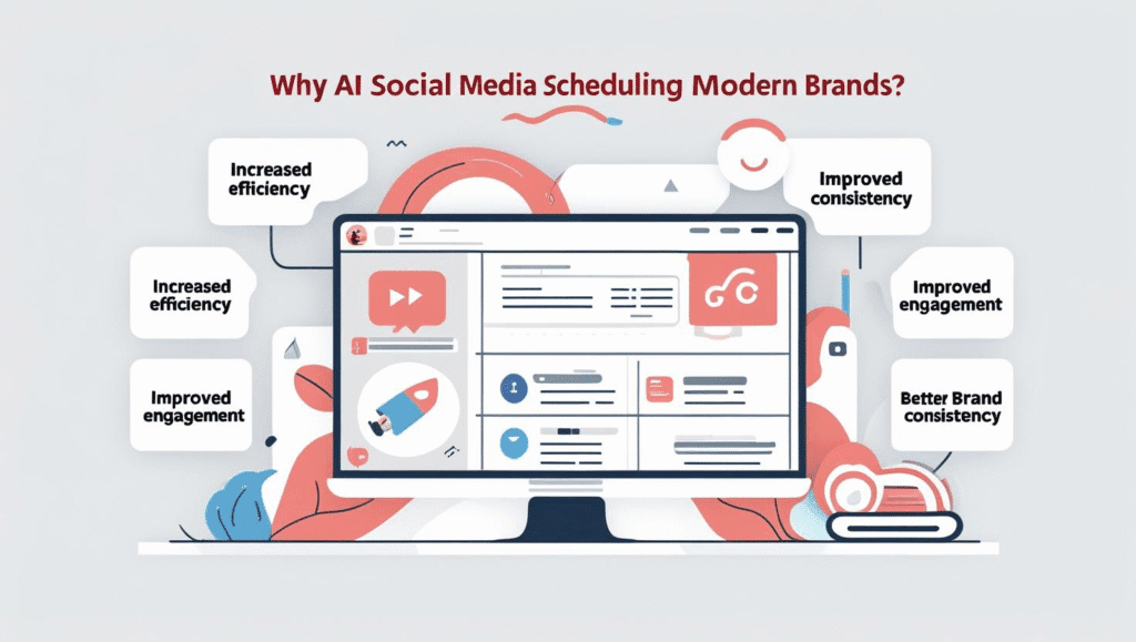 Illustration of a computer screen showing a social media dashboard, surrounded by benefits of AI-powered social media scheduling. Text reads: "Why AI Social Media Scheduling Modern Brands?" with callouts highlighting advantages: increased efficiency, improved engagement, improved consistency, and better brand consistency.