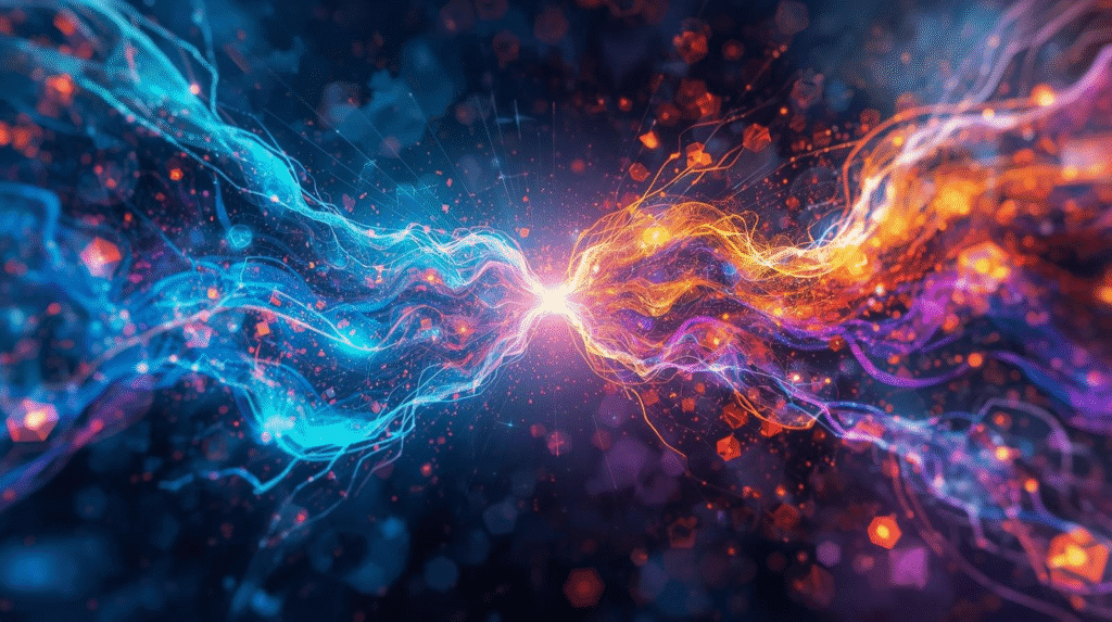 Abstract digital artwork showing streams of blue and orange energy colliding, symbolizing the fusion of AI and creativity into powerful innovation.