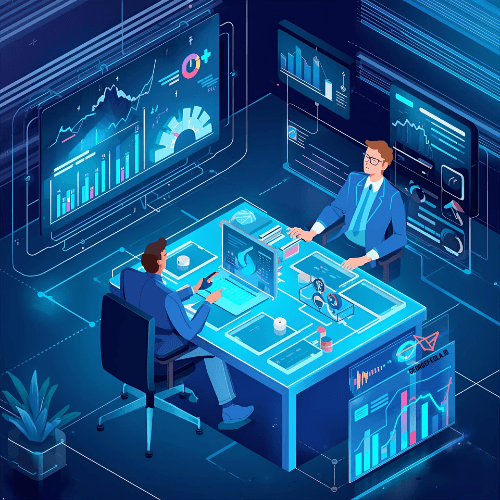 Two executives in a high-tech office analyze charts on holographic screens at a luminous desk, with dashboards and graphs filling the room.