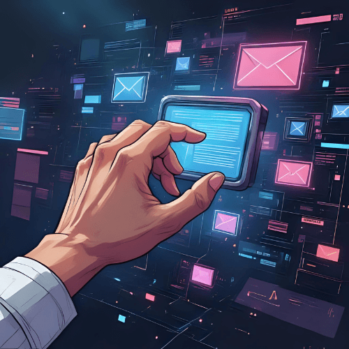 A close-up hand reaches toward a blue email tile on a dark, futuristic dashboard filled with pink and blue envelope icons, suggesting AI-driven email selection.