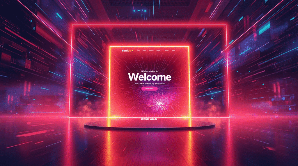 Futuristic neon homepage design with glowing pink and red frames, digital effects, and a central welcome screen featuring bold text and a call-to-action button.