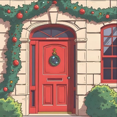A bright red entry door framed by garland and red ornaments, small wreath centered, stone exterior, and shrubs in the foreground—evokes a guest-ready, winter-prepared home.