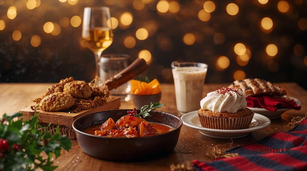 Warm holiday restaurant table with braised entrée, whipped-cream cupcake, spiced latte, and wine, set for a cozy set-price dinner