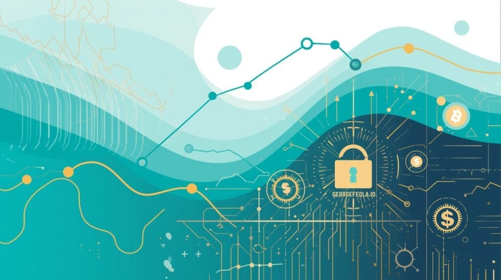 Abstract teal illustration of secure finance and data analytics—rising line graphs, currency/Bitcoin icons, and a padlock labeled GEORGEFEOLA.IO.