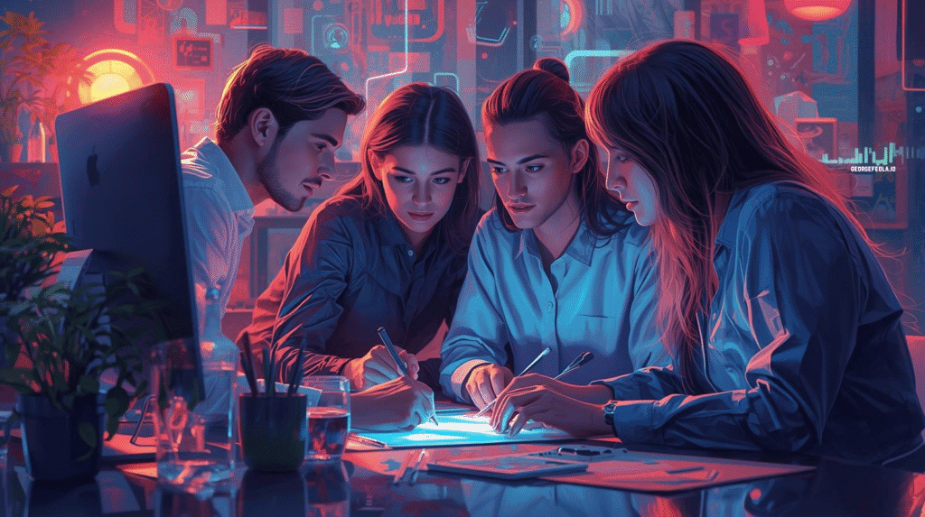 A diverse group of four young professionals collaborates intensely around a glowing digital tablet in a modern, neon-lit workspace. The ambient blue and pink lighting reflects off their focused faces as they brainstorm ideas, symbolizing the fusion of human creativity and AI-driven technology.