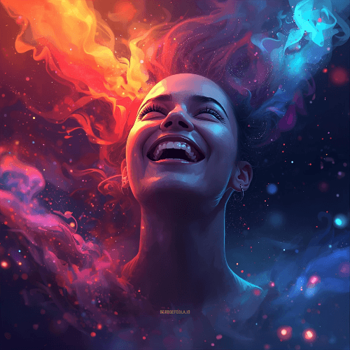 A joyful woman with her head tilted back, laughing as vibrant orange and blue wisps of color swirl around her, symbolizing creativity, energy, and emotion in a dreamlike, artistic style.
