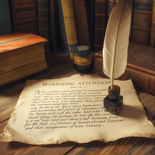 Quill, ink, and parchment titled “Winning Attention” — visual metaphor for storytelling formats that convert.