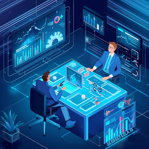 “Two marketing analysts sit at a glowing digital desk reviewing charts and dashboards, surrounded by holographic screens showing data, graphs, and campaign performance metrics, with ‘georgefeola.io’ branding on one of the displays.”