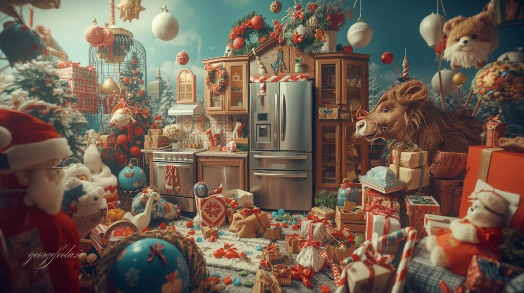 A brightly decorated Christmas kitchen filled with stainless steel appliances, holiday wreaths, ornaments, and wrapped gifts scattered across the floor, creating a festive scene that highlights upgrading home appliances for the holidays.