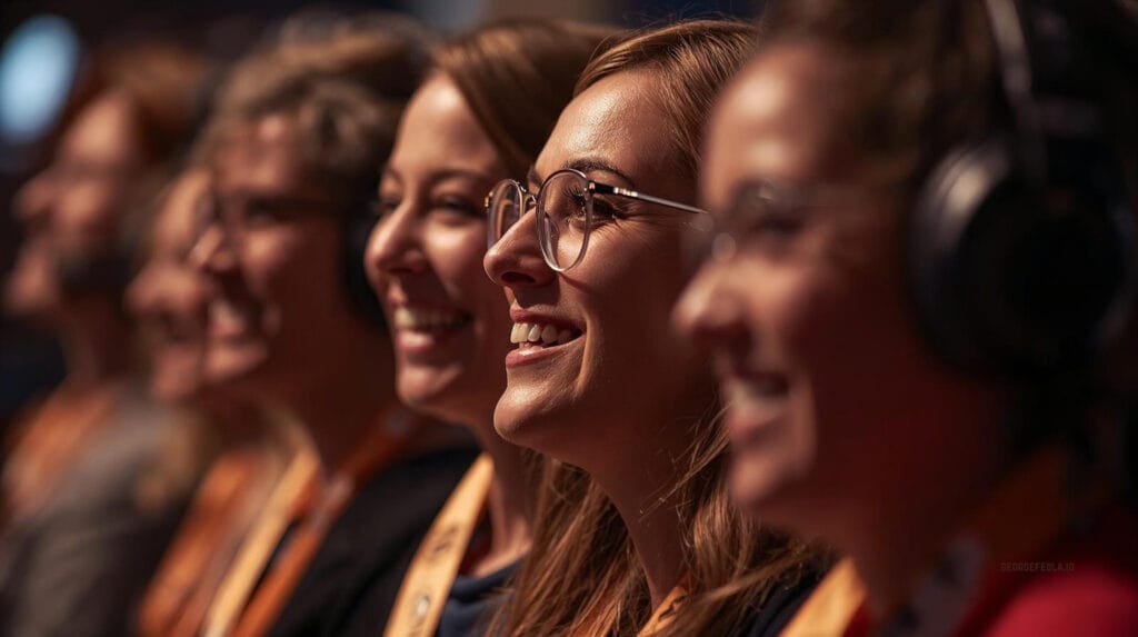 A diverse group of people gathered in a radio studio, smiling and raising their hands as donation calls come in during a live matching hour radiothon.