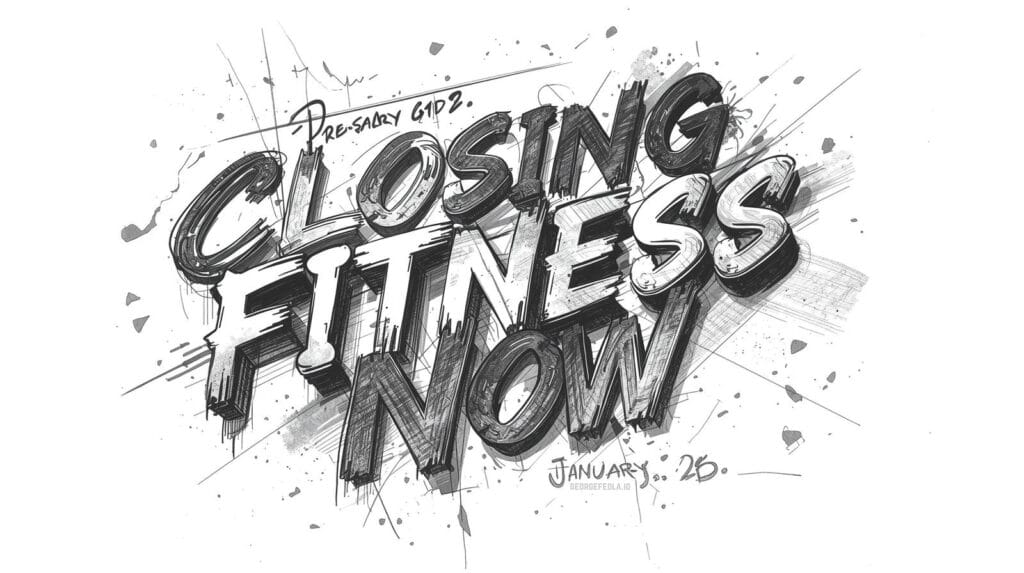 Monochrome, graffiti-style illustration with bold 3D letters that say ‘Closing Fitness Now,’ surrounded by dynamic sketch lines, ink splatters, and motion strokes; a small note at the top reads ‘Pre-Sale,’ and the bottom tag says ‘January ’25’ with georgefeola.io
