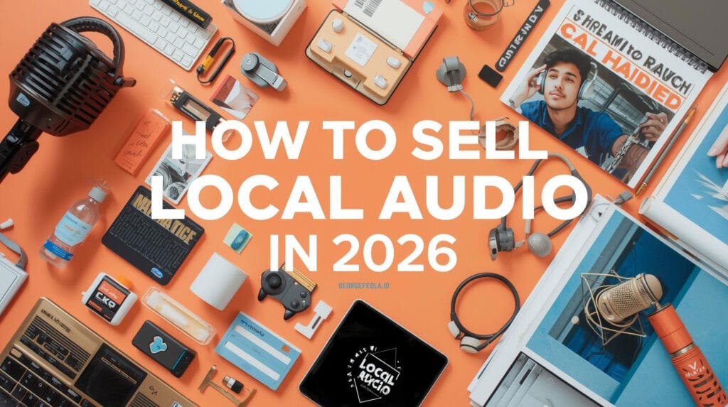 How to Sell Local Audio in 2026: Radio, Streaming, Podcasts – visual collage of a radio, smartphone with a streaming app, and podcast microphone, representing modern local audio marketing across broadcast, streaming, and podcasts.