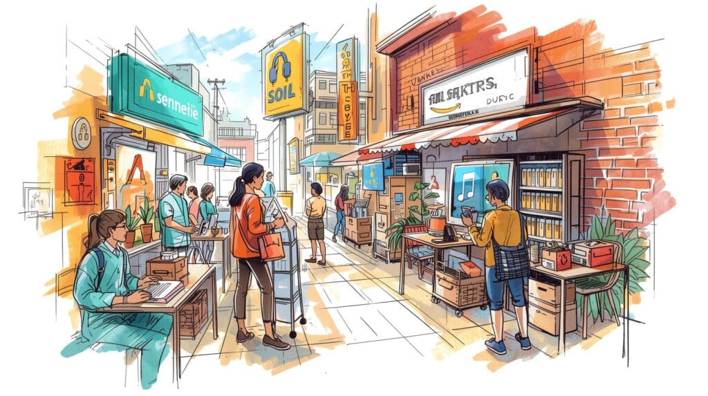 Illustration of a bustling local retail alley where shoppers browse stalls and digital screens, highlighting how retail media and AI assistants are driving local sales in 2026.