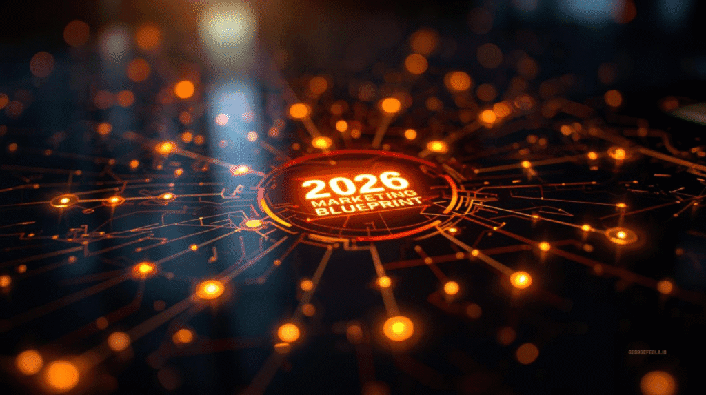 Futuristic circuit-board style image with “2026 Marketing Blueprint” glowing at the center for local marketing.
