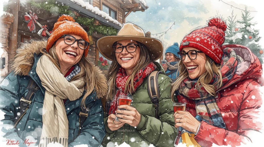 Three smiling women in winter coats, hats, and scarves enjoying warm holiday drinks at an outdoor Christmas market, surrounded by snow and festive decorations.