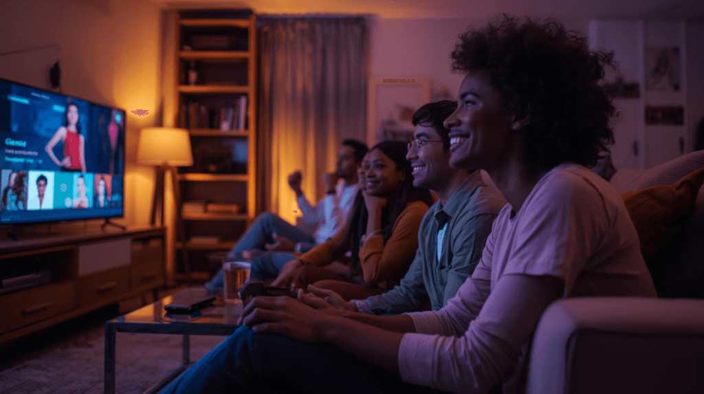 A group of young adults sit together in a cozy living room at night, smiling and watching a brightly lit TV screen. The warm lighting and relaxed atmosphere suggest shared entertainment and engagement with streaming content.