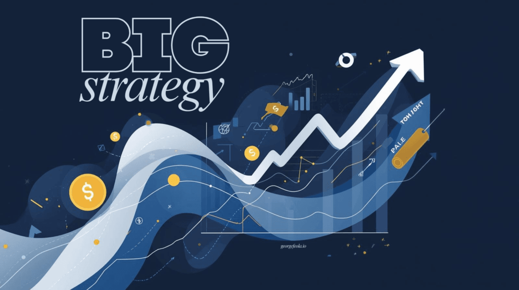 A dark blue, data-themed illustration featuring the words “BIG strategy” in bold lettering, overlaid on flowing abstract wave shapes, financial icons, and upward-moving graphs. A large white arrow rises sharply to the right, symbolizing growth and success. Gold dollar-coin icons, charts, and analytics elements are scattered throughout, creating a modern business-strategy visual. The image includes the small watermark “georgefeola.io.”
