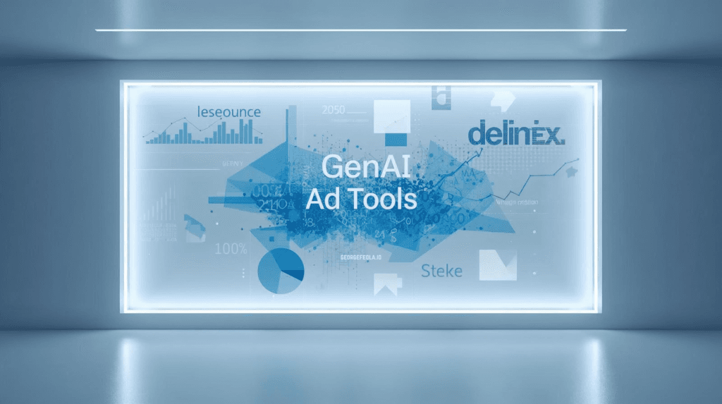 A futuristic blue-toned digital dashboard featuring abstract data charts, graphs, and geometric shapes surrounding the headline “GenAI Ad Tools.” The design includes floating analytics elements, pie charts, line graphs, and stylized brand-like text overlays, creating a modern representation of AI-driven advertising technology.