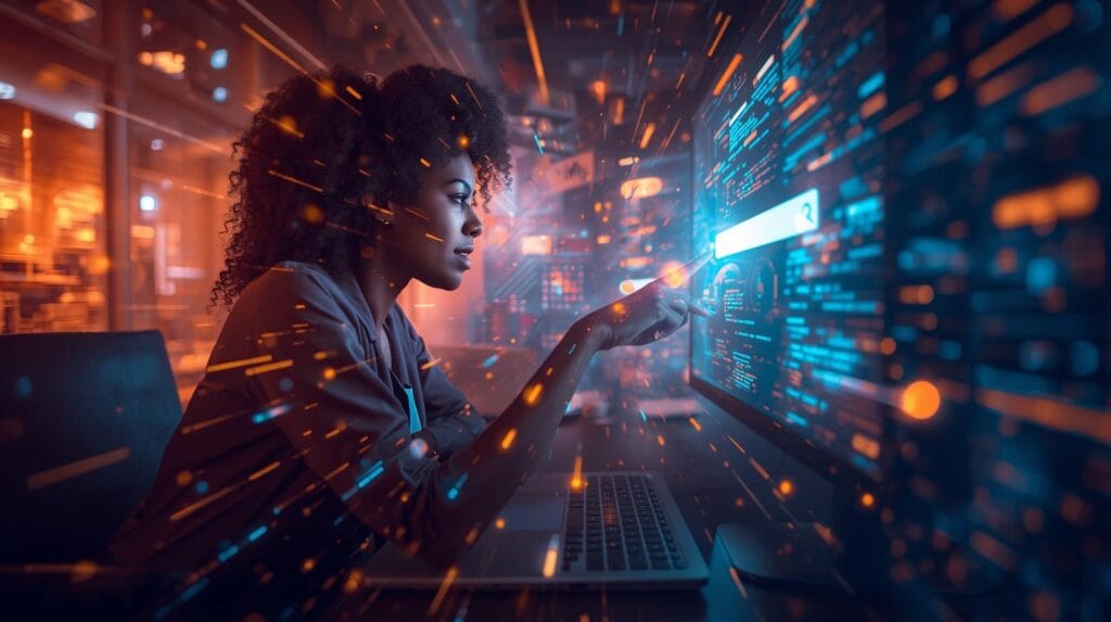 Broadcast advertising sparks online search behavior as a marketer analyzes digital search data on a glowing screen.