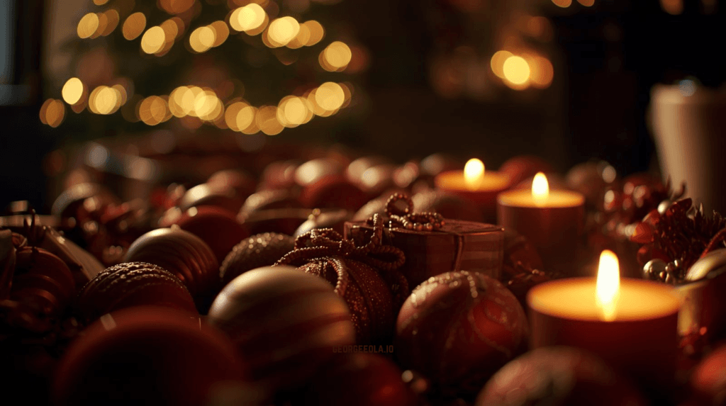 Warm holiday scene featuring Christmas ornaments, glowing candles, and soft lights, symbolizing gift-giving, tradition, and seasonal warmth.