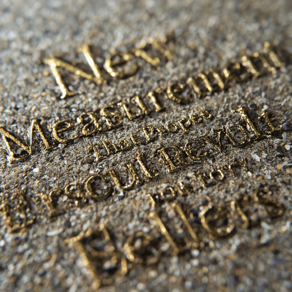 A close-up shot of gold-embossed lettering on a textured sand-like surface, displaying the headline “New Measurement That Proves Results for Today’s Sellers,” with the text partially blurred for an artistic effect.