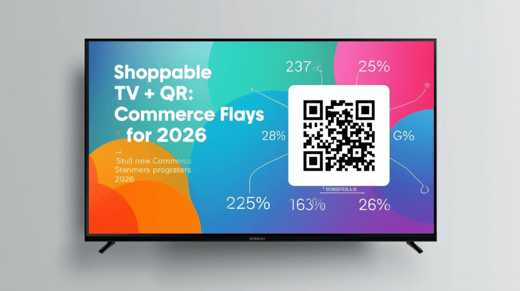 Colorful gradient graphic with a large QR code on the right and the headline “Shoppable TV + QR: Commerce Plays for 2026” on the left. Surrounding the QR code are circular percentage callouts, illustrating engagement and conversion metrics.