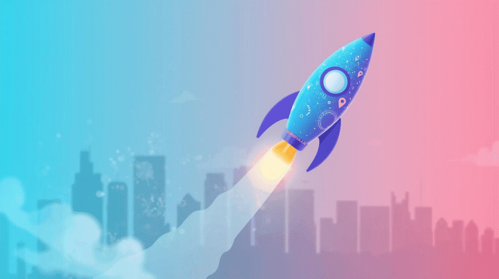 Illustration of a blue rocket blasting off against a stylized city skyline, symbolizing business growth and rapid upward momentum.