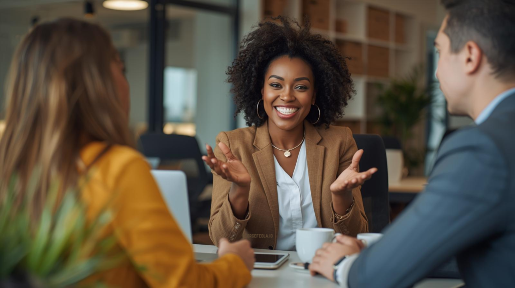 Smiling business professional leading a friendly discussion with two colleagues at a modern office table, gesturing while talking during a collaborative meeting.