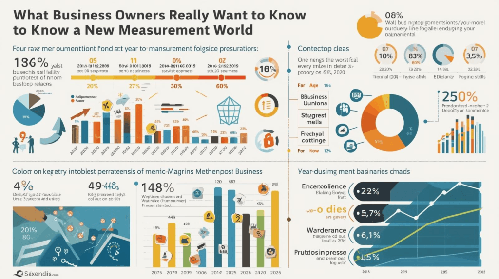 A colorful infographic filled with charts, graphs, icons, and text illustrating what business owners want to know in a new measurement world. The visuals include pie charts, bar graphs, line charts, percentage callouts, and stylized illustrations showing trends, outcomes, and consumer behavior. Some text is intentionally abstract or stylized, giving the graphic a conceptual, data-driven feel.