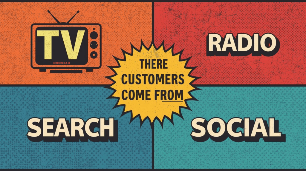 Graphic showing TV, radio, search, and social as the places where customers come from.