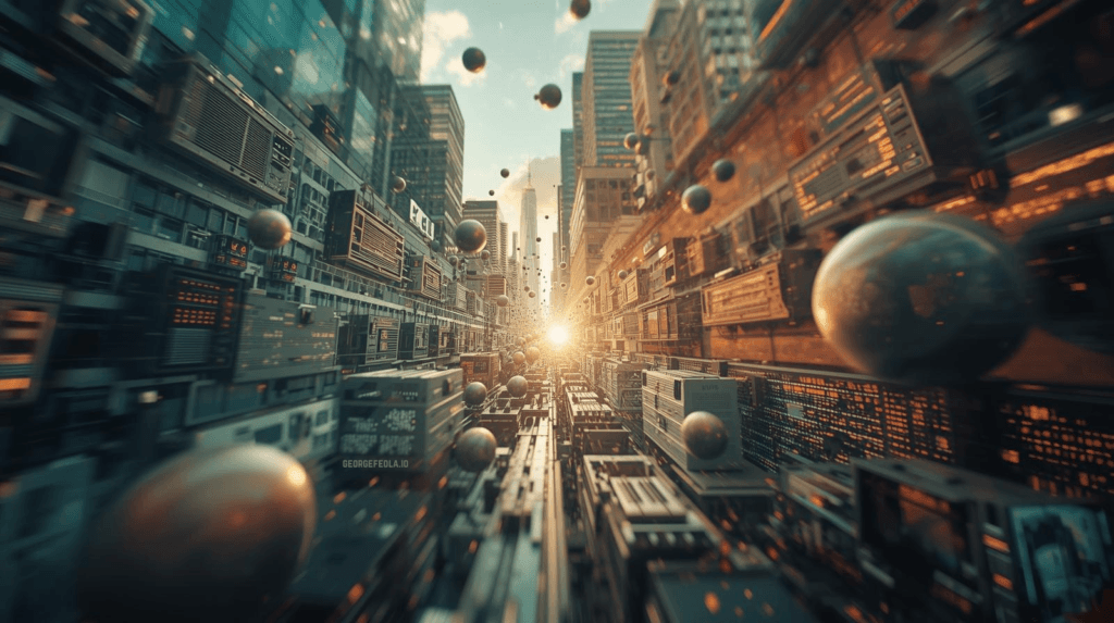 Abstract cityscape made of data servers and digital panels forming a futuristic corridor, symbolizing first-party data flow, owned data ecosystems, and modern marketing infrastructure.