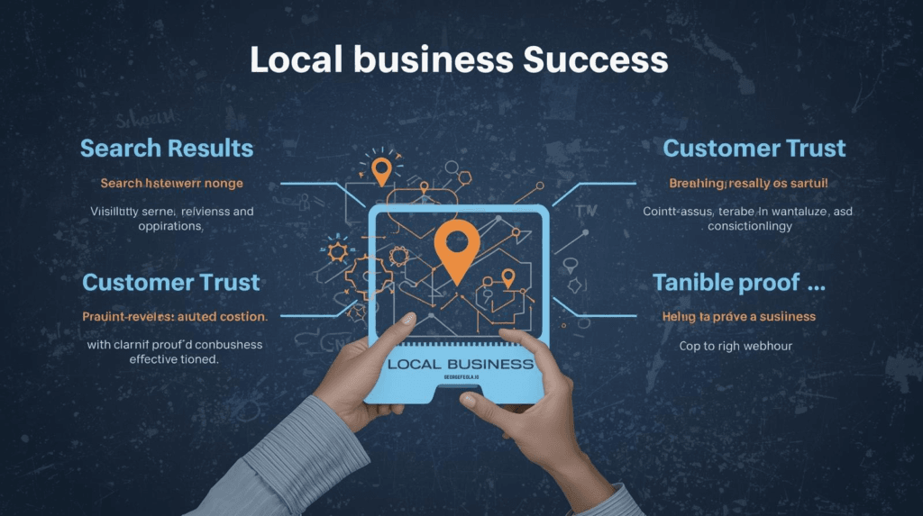 Illustration showing the key elements of local business success, including search results and customer trust icons surrounding a digital map interface, highlighting that visibility in search results, customer trust signals like reviews, and tangible proof of services help local businesses attract customers.