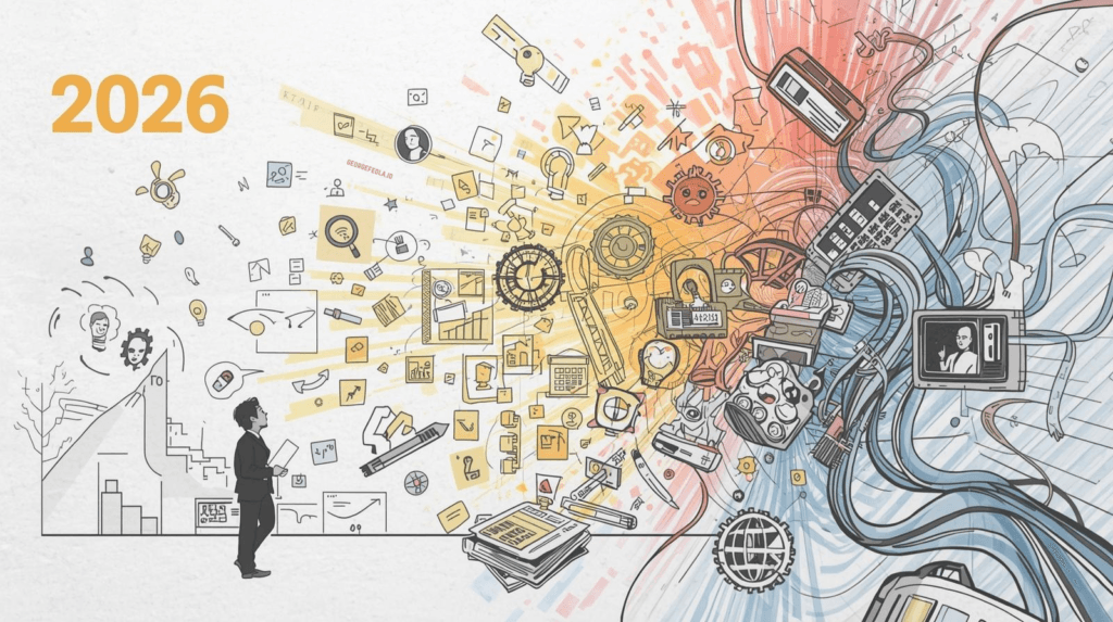 A stylized 2026 illustration showing a person looking at data charts and symbols on the left, with a burst of ideas and digital icons flowing from a cluster of tangled media tools and cables on the right. The artwork represents the transformation of traditional media, data, and information into organized insights — symbolizing how modern search and AI turn complex signals into clear answers.“An illustration for 2026 showing the evolution from tangled legacy media signals into a burst of organized insights, symbolizing how AI-powered search and discovery are transforming complex information into clear answers — a journey explored at georgefeola.io.”