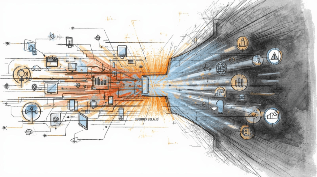 Illustration showing multiple digital and broadcast signals converging into a single decision point, representing micro-moments where customer intent is formed and influenced across modern marketing channels.