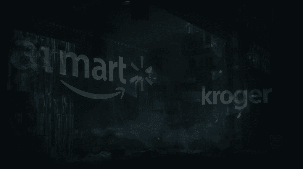 ark stylized image showing the logos of major retail media players: a combined Amazon and Walmart graphic on the left and the Kroger name on the right, set against a moody background