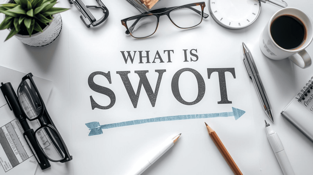 What is SWOT analysis concept displayed on paper surrounded by office tools, symbolizing fast business assessment.