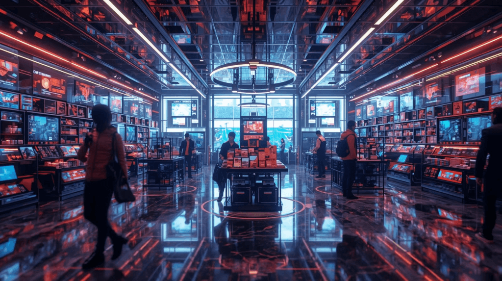 A modern retail store interior with bright digital screens lining the walls and people browsing products, showing a futuristic, tech-driven shopping environment.