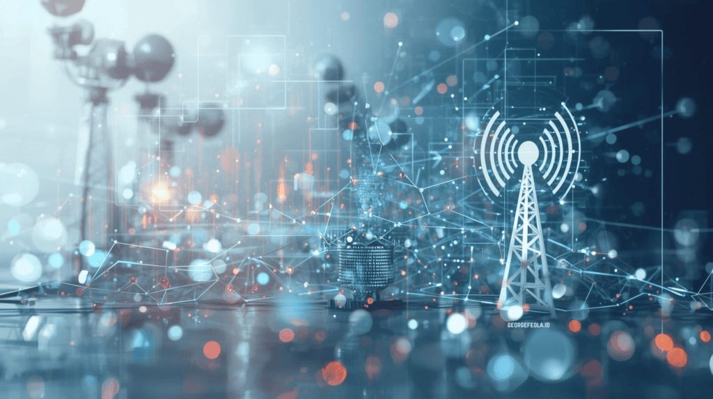 A modern broadcast tower icon surrounded by digital network lines and glowing data points, representing how radio and TV connect with today’s AI-driven, multi-platform marketing world.