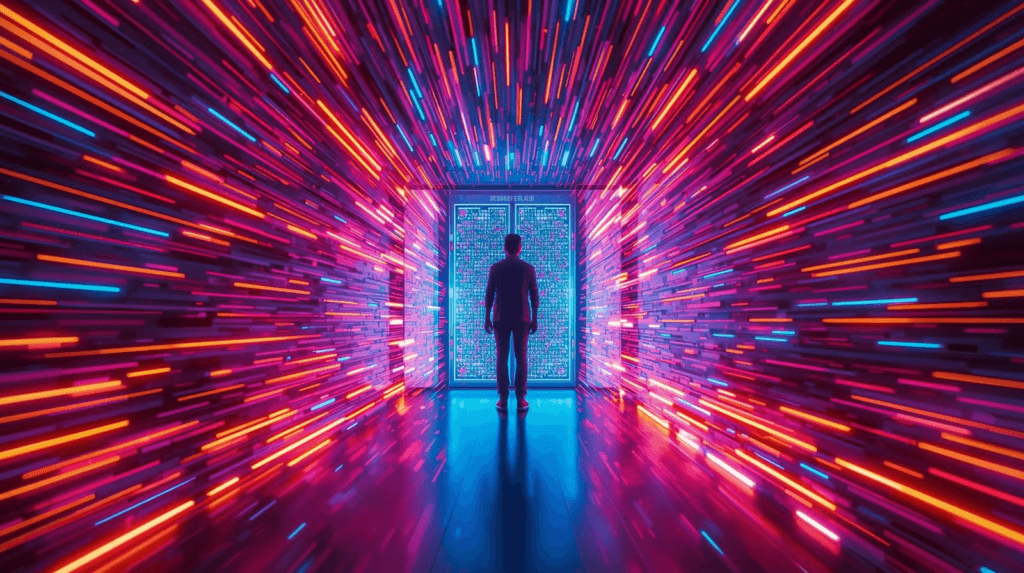Person standing at a glowing digital doorway surrounded by colorful data streams, representing AI-powered search becoming the new gateway for discovering brands and information online.