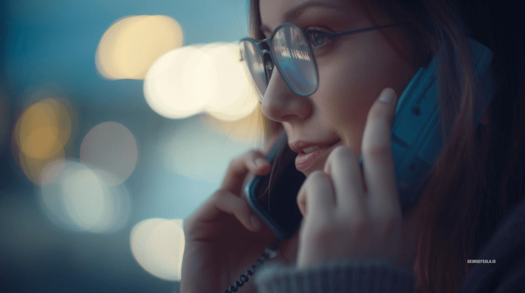 Close-up of a young professional wearing glasses, speaking on a smartphone with a focused expression, set against a softly blurred background of city lights at dusk.
