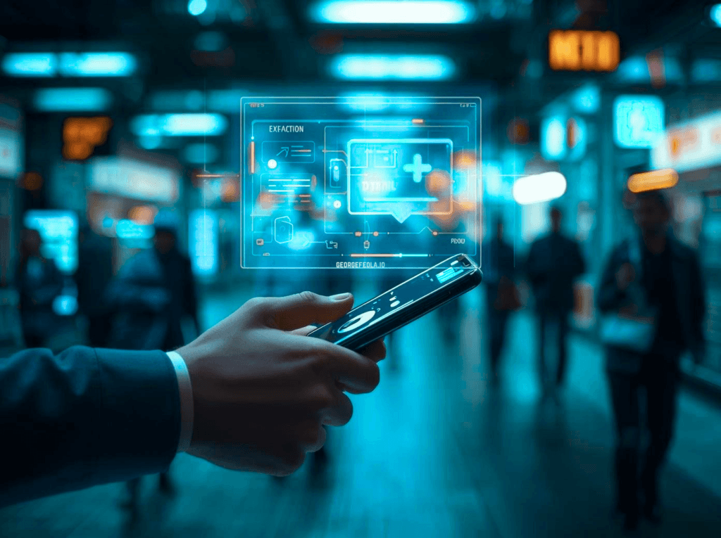 Person holding a smartphone with a digital AI interface overlay, representing modern buyer behavior and real-time decision-making.