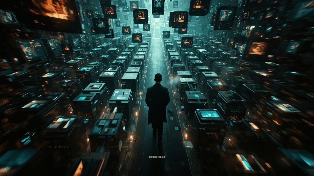 A man walking through a futuristic digital media landscape filled with screens and data, symbolizing the complexity of modern marketing and broadcast sales challenges.